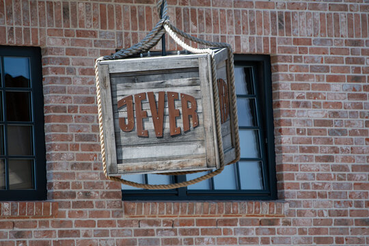 B&Uuml;SUM , GERMANY June 25, 2020 Jever wooden box in the port of B&uuml;sum