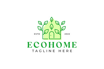 Eco Home Cottage Village Logo with Green Leaf and Door Shape for Business Environment Property Healthy Life Style Concept.