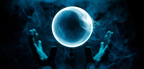 Crystal sphere in hands. Magic ball predictions. Mysterious composition. Fortune teller, mind power, prediction, halloween concept. Wide angle horizontal wallpaper or web banner. Mockup for your logo. - obrazy, fototapety, plakaty