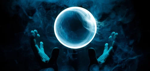 Fotobehang Crystal sphere in hands. Magic ball predictions. Mysterious composition. Fortune teller, mind power, prediction, halloween concept. Wide angle horizontal wallpaper or web banner. Mockup for your logo. © KDdesignphoto