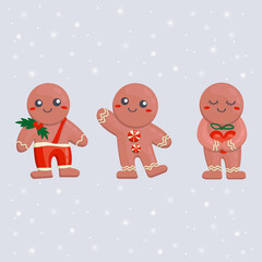 Different gingerbread cookies for christmas holiday. Set of Merry Christmas and Happy New Year funny cute vector illustrations or stickers.Holiday objects.Drawings for card, poster or background