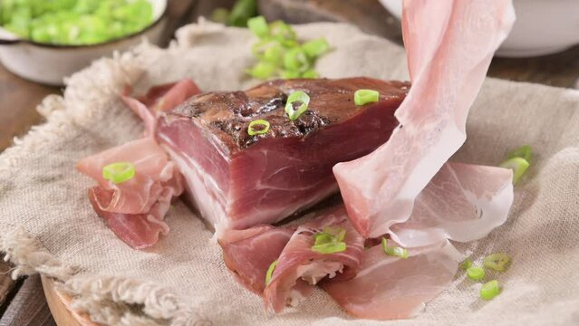 speck. Salo smoked. Traditional meat food in the North of Italy, Trentino and the Alps. High quality 4k footage