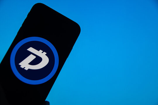 Rheinbach, Germany  8 August 2022,  The logo of the cryptocurrency "Digibyte" on the display of a smartphone (focus on the logo)