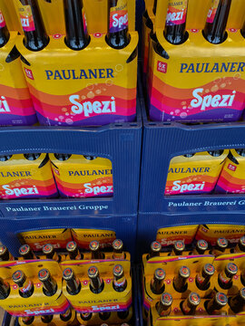 Rheinbach, Germany  10 March 2021,  Several six-packs of Paulaner Spezi in a supermarket