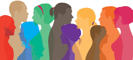 Concept of community or teamwork. Multiracial society and diversity. Abstract flat cartoon head showing diverse people in profile. Multi cultural friendship.