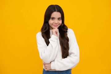 Happy face, positive and smiling emotions of teenager girl. Headshot portrait of teenager child girl isolated on studio background. Childhood lifestyle concept. Mock up copy space.