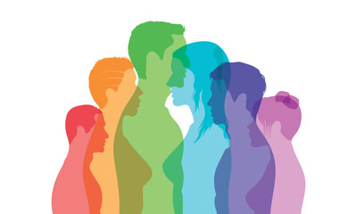 Diverse multicultural society and friendship. Multi-ethnicity and multiculturalism. Human rights and racial equality. Flat cartoon profiles of men, women, and girls of diverse cultures.