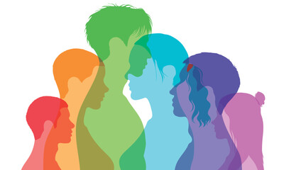 Diverse multicultural society and friendship. Multi-ethnicity and multiculturalism. Human rights and racial equality. Flat cartoon profiles of men, women, and girls of diverse cultures.
