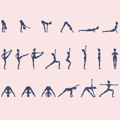 Illustration on the theme of yoga and sports, consisting of twenty different poses of a woman silhouette in blue on a pink background.