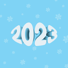 2023 year winter 3d text. Soft and cute vector typography print with snowflares. Perfect for postcards, stationery and winter design layers