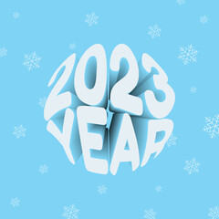 2023 year winter 3d text. Soft and cute vector typography print with snowflares. Perfect for postcards, stationery and winter design layers
