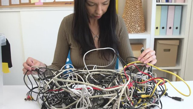 Heap of cable needs to be unraveled by a young woman. a Lot Of Different Used cables, Connectors plugs universal standard for computers. E-Waste concept