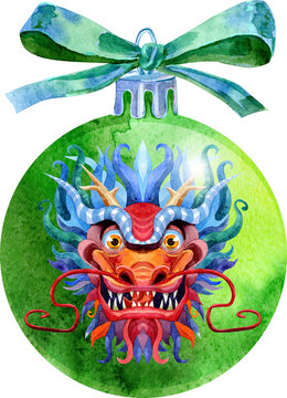 Watercolor green Christmas ball with bow and Chinese dragon isolated on a white background.