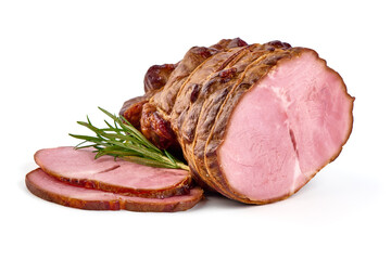 Sliced smoked pork loin, isolated on white background.