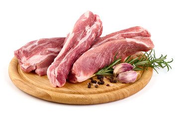 Pork fillet tenderloin with rosemary, raw meat, close-up, isolated on white background.