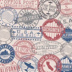Sacramento, CA, USA Set of Stamps. Travel Stamp. Made In Product. Design Seals Old Style Insignia.