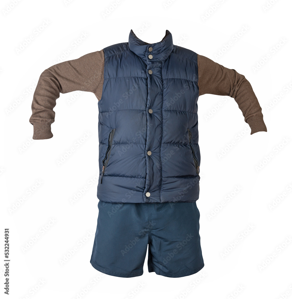 Wall mural  blue sleeveless jacket, sweater and sports shorts isolated on white background. clothes for every day