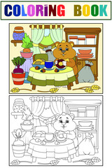 Cheerful hamster eats in the kitchen, home interior. Set example and children coloring book.