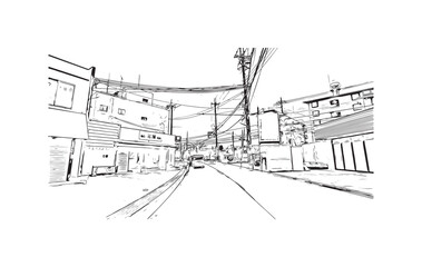 Building view with landmark of Osaka is the 
city in Japan. Hand drawn sketch illustration in vector.
