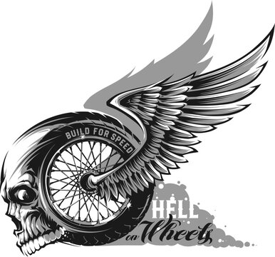 Motorcycle wheel with wings and skull