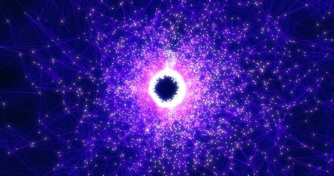A spinning bright luminous purple unusual beautiful tunnel spiral of digital triangles connected by lines triangulation background space dark in high resolution 4k abstract animation motion design