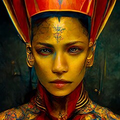 Futuristic portrait of the queen and princess. Red and gold deta