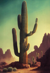 Illustration of a large cactus against the backdrop of mountains in the desert.
cactus, desert,