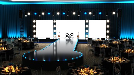 Empty stage design for mockup and corporate identity, display. Catwalk stage. Platform elements in hall. Blank screen system for graphic Resources. Scene event led night light staging. 3d rendering.