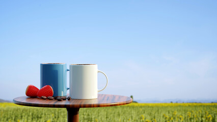 3D Couple of hot coffee mug and some coffee bean red fresh strawberry fruits breakfast on wood table blurred natural sunflowers view background