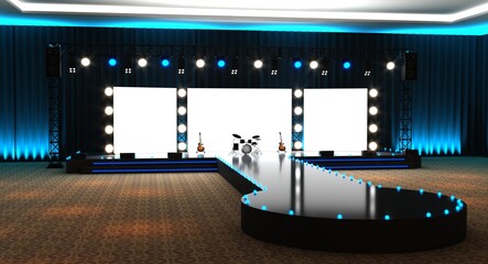 Empty stage design for mockup and corporate identity, display. Catwalk stage. Platform elements in hall. Blank screen system for graphic Resources. Scene event led night light staging. 