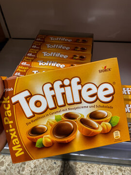 Rheinbach, Germany  12 October 2021,   A pack of "Toffifee" in front of the shelf of a supermarket