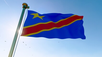 Flag of Democratic Republic waving in the wind, sky and sun background. Democratic Republic Flag. Ultra Hd,.