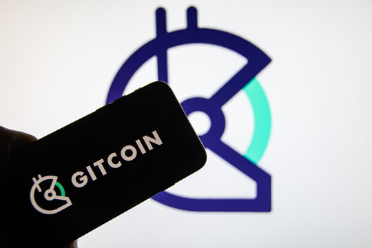 Rheinbach, Germany  13 January 2022,  The logo of the cryptocurrency "Gitcoin" on the display of a smartphone (focus on logo)