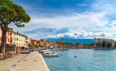 Esplanade and port of Maderno on Lake Garda in northern Italy