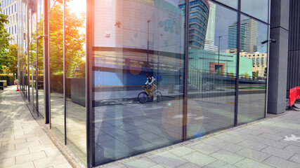 Glass windows and sidewalks in office buildings.