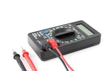 ammeter, multimeter with probes, studio isolated on white background