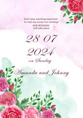 Fototapeta na wymiar Watercolor wedding invitation with bunches of red roses.Format for printing A3.