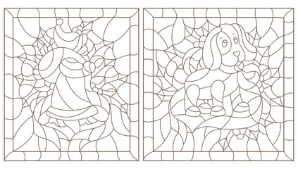 The illustrations in the stained glass style on the theme of New year and Christmas, Santa Claus and a dog on a background of Holly branches and ribbons round a contour image