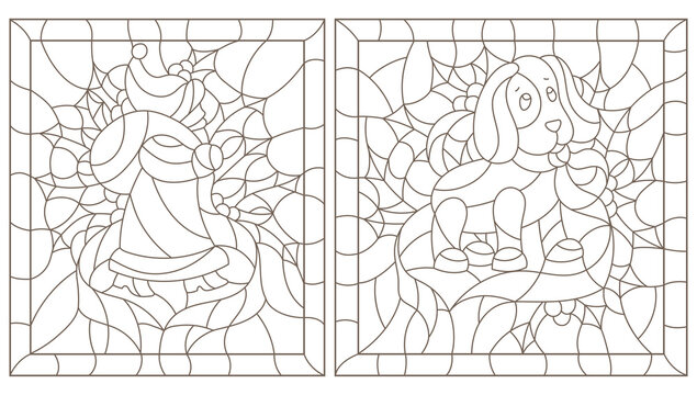 The illustrations in the stained glass style on the theme of New year and Christmas, Santa Claus and a dog on a background of Holly branches and ribbons round a contour image