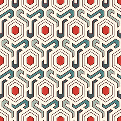 Honeycomb seamless pattern. Hexagon mosaic tiles ornament. Ethnic surface print. Repeated geometric figures background. Ornamental wallpaper. Modern geo design digital paper. Vector abstract.