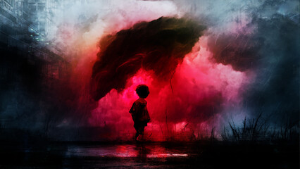 Child standing in the storm. Digital art style, illustration