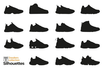Set of isolated sneakers silhouettes for man and woman. Fashion elements. Dress shoes icons for designs.