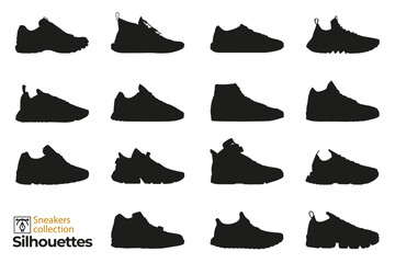 Set of isolated sneakers silhouettes for man and woman. Fashion elements. Dress shoes icons for designs.