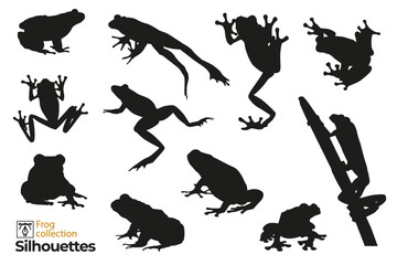 Group of isolated frog silhouettes jumping, climbing a plant. Small animal icons for your designs. - obrazy, fototapety, plakaty