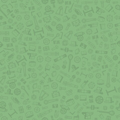 Technical drawing, unique machine details. Seamless editable pattern of doodles. Vector illustration with green background.