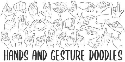 Hand Gesturing Doodle Banner Icon. Gesture Vector Illustration Hand Drawn Art. Line Symbols Sketch Background.
