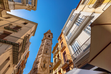 Low angle view of Santa Catalina tower against blue sky, it was built between 1688 and 1705. One os...