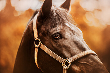 Portrait of a beautiful horse with a halter on its muzzle on a bright autumn day. Photo of a horse. Equestrian life.