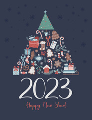 Obraz premium 2023 Happy New Year Greeting card. Christmas tree from traditional symbols and festive decor on blue background. Vector illustration. Modern vertical poster template.