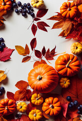 3d illustration of pumpkins and berries decoration arranged on a white surface with empty space